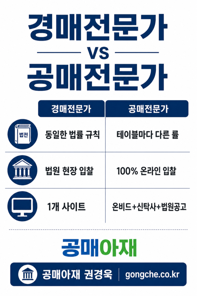 경매전문가와 공매전문가의 차이를 비교한 인포그래픽 이미지로 경매전문가는 동일한 룰, 법원 현장 입찰, 대법원 사이트 중심인 반면 공매전문가는 테이블마다 다른 룰, 100% 온라인 입찰, 온비드와 신탁사 및 법원공고를 함께 확인해야 한다는 내용을 정리한 이미지