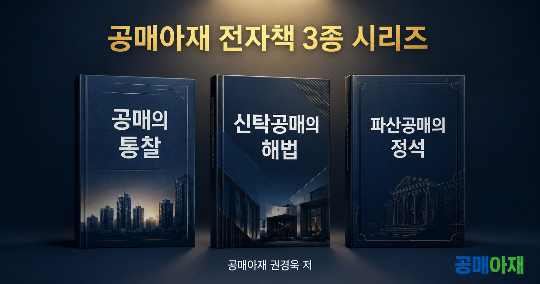 공매의 통찰, 신탁공매의 해법, 파산공매의 정석으로 구성된 공매아재 전자책 3종 시리즈 소개 이미지고가 함께 배치된 이미지