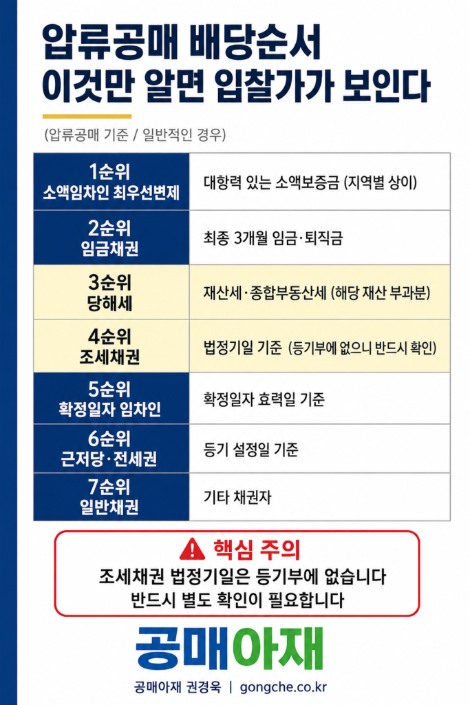 압류공매의 배당순서를 정리한 세로형 표 이미지로 소액임차인 최우선변제, 임금채권, 당해세, 조세채권, 확정일자 임차인, 근저당·전세권, 일반채권의 순서를 설명하고 조세채권 법정기일은 등기부에 없어 반드시 별도 확인이 필요하다는 주의사항을 담고 있다