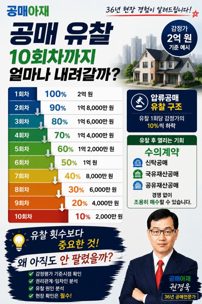공매 유찰이 반복될수록 최저입찰가가 내려가는 구조를 설명하는 세로형 인포그래픽 이미지. 감정가 2억 원 물건을 기준으로 1회차 100%, 5회차 60%, 6회차 50%, 10회차 10%까지 하락하는 과정과 수의계약 기회, 유찰 원인 분석의 중요성을 공매아재 권경욱이 설명하는 이미지