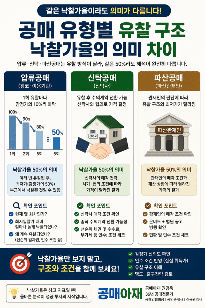 공매 유형별 낙찰가율의 의미 차이를 설명하는 세로형 인포그래픽 이미지로 압류공매, 신탁공매, 파산공매는 유찰 구조와 매각 조건이 달라 같은 낙찰가율 50퍼센트라도 해석이 달라진다는 내용을 정리한 이미지