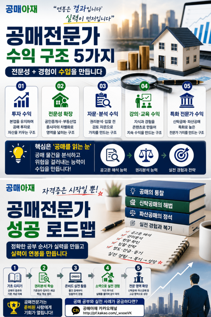 공매전문가 자격증은 시작점일 뿐이며 공매 기초 이해, 권리분석 학습, 온비드 실전 활용, 소액 실전 경험, 신탁공매와 파산공매 전문 영역 확장을 통해 실력이 수입을 만든다는 내용을 설명한 세로형 인포그래픽