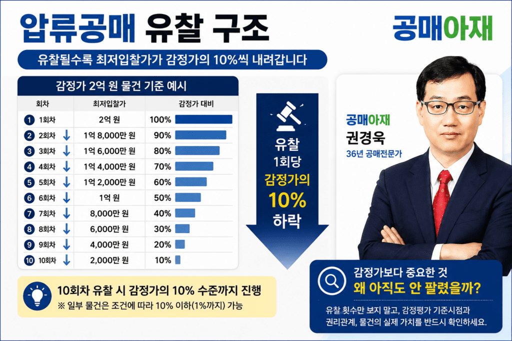 압류공매 유찰 구조를 설명하는 인포그래픽 이미지. 감정가 2억 원 물건을 기준으로 1회차 100%, 5회차 60%, 6회차 50%, 10회차 10%까지 최저입찰가가 하락하는 과정을 공매아재 권경욱이 설명하는 이미지