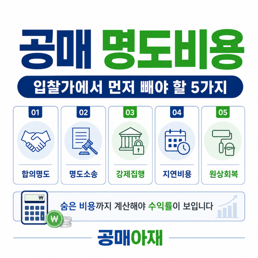 공매 입찰가에서 합의명도, 명도소송, 강제집행, 지연비용, 원상회복비용을 미리 차감해야 한다는 안내 이미지
