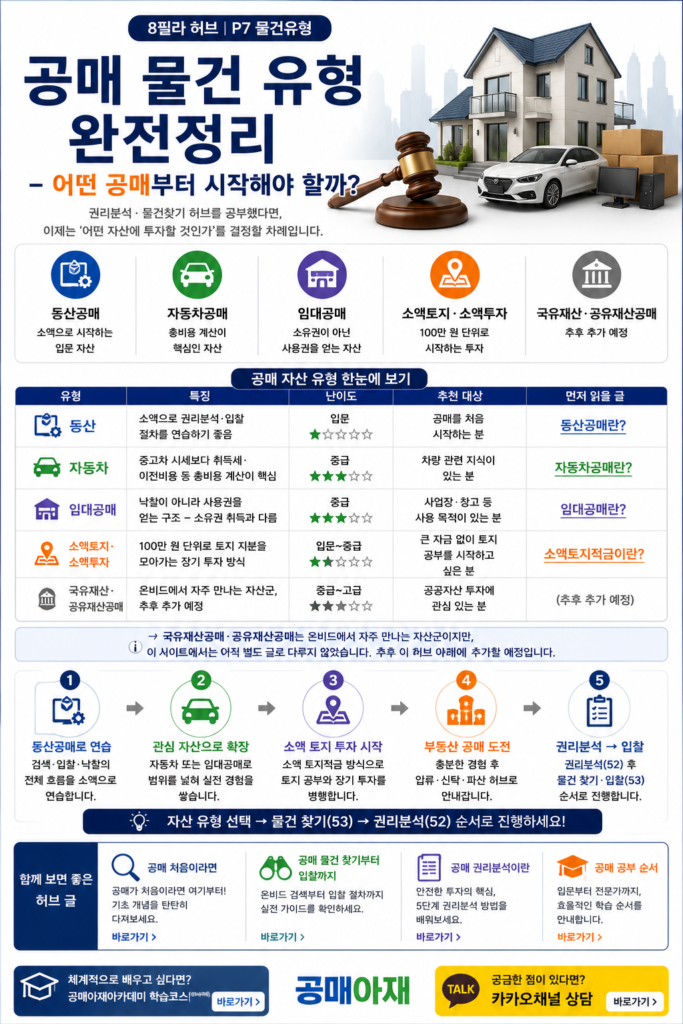 공매 자산 유형 비교표와 초보자 추천 학습 순서를 정리한 인포그래픽으로 동산공매 자동차공매 임대공매 소액토지투자를 비교한 이미지