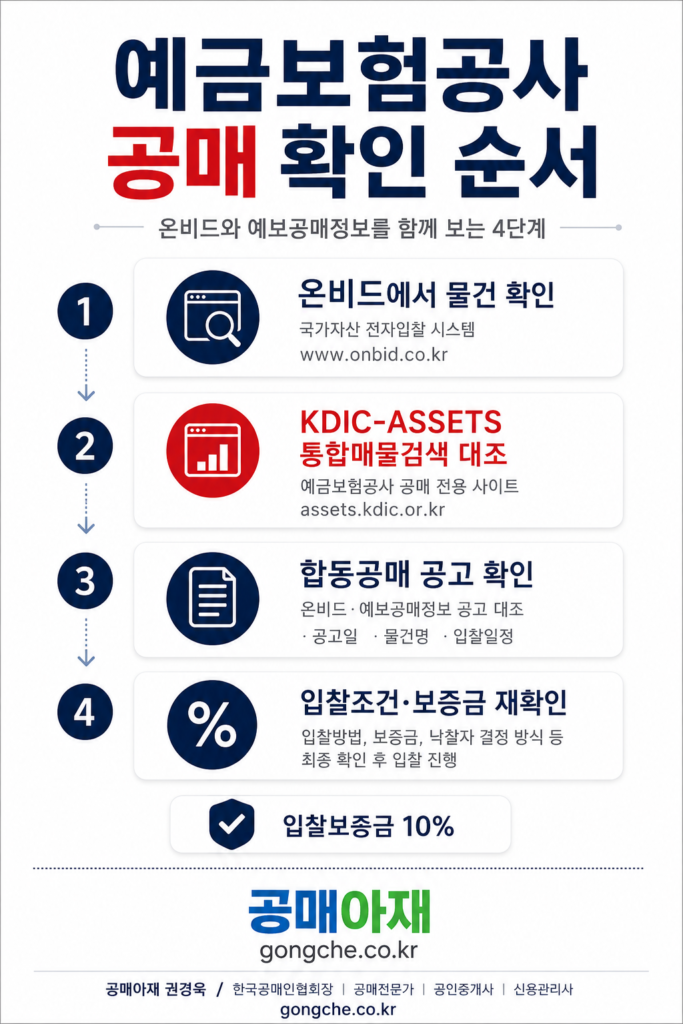 예금보험공사 공매 물건 확인 4단계 순서도 - 온비드 확인, 예보공매정보 대조, 합동공매 공고 확인, 회원권·유가증권·미술품 확인