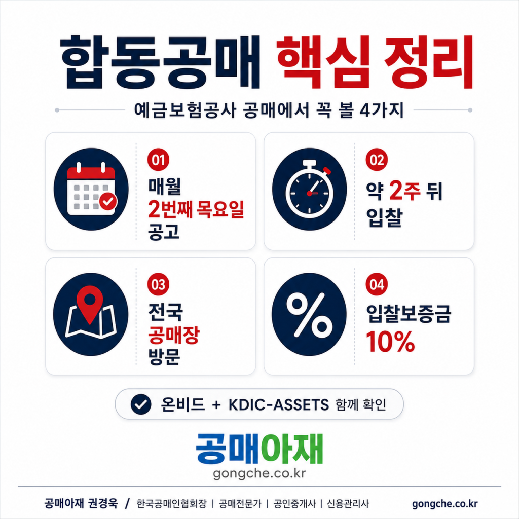 예금보험공사 합동공매 핵심 정보 - 매월 둘째 목요일 공고, 넷째 목요일 입찰, 입찰보증금 최저공매가 10%