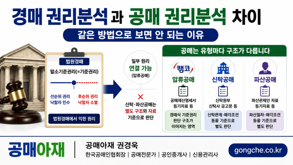 경매 권리분석과 공매 권리분석 차이, 압류공매는 기준권리 판단을 활용하지만 신탁공매와 파산공매는 별도 구조로 분석하는 이유