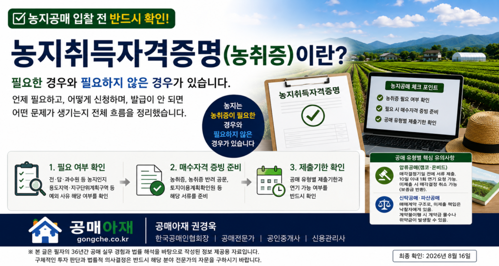 농지취득자격증명(농취증)이란? 토지공매 낙찰 전 확인할 신청 절차와 주의사항을 설명하는 가로형 대표이미지