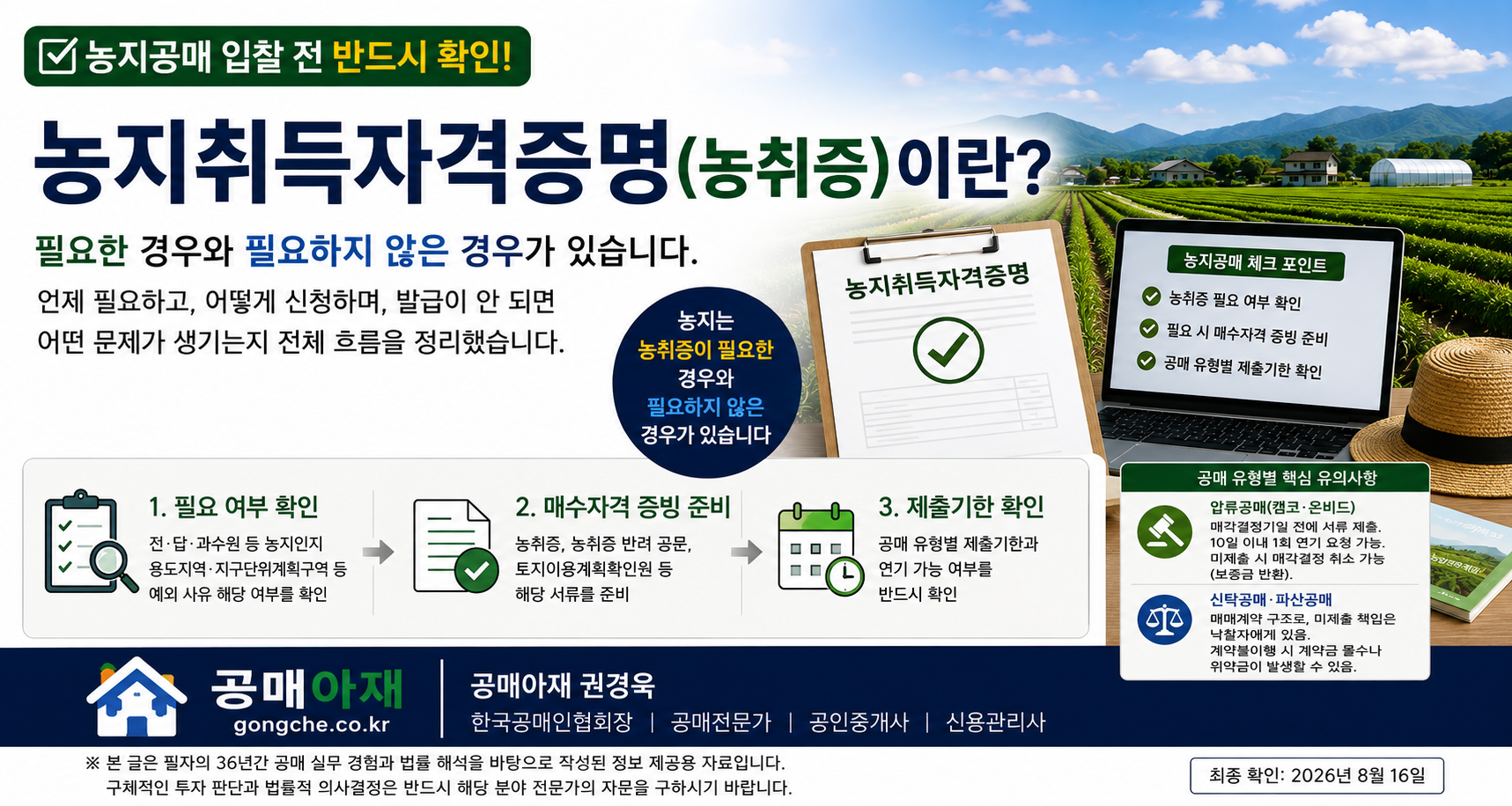 농지취득자격증명(농취증)이란? 토지공매 낙찰 전 확인할 신청 절차와 주의사항을 설명하는 가로형 대표이미지