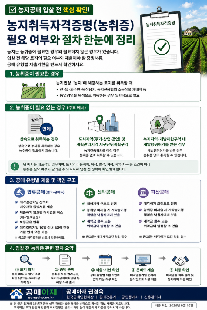 농지취득자격증명 필요 여부와 압류공매·신탁공매·파산공매 등 공매 유형별 처리 절차를 정리한 세로형 인포그래픽