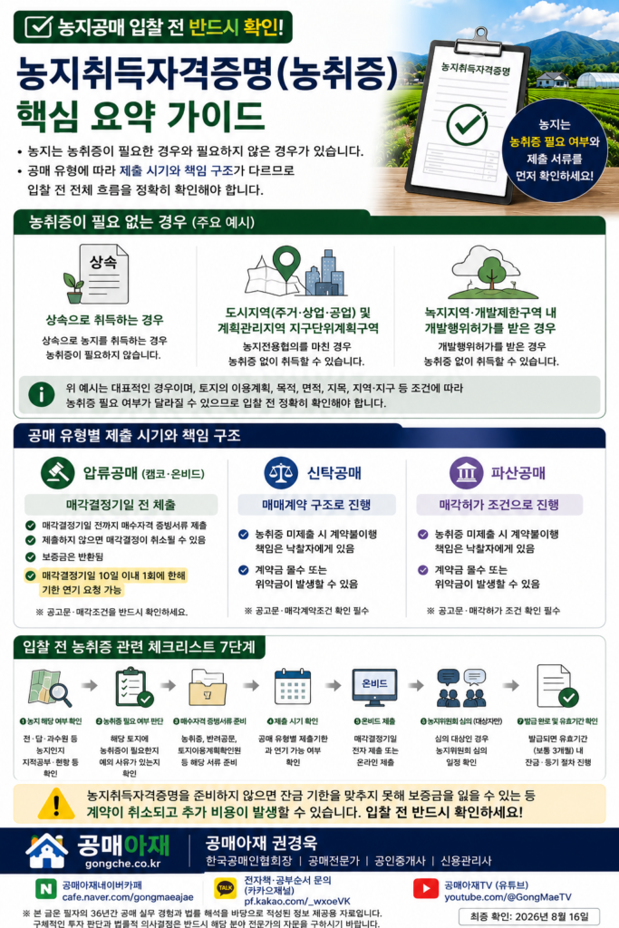 농취증 농지공매 입찰 전 체크리스트 - 농지위원회 심의 대상 확인부터 신청 서류 준비까지 정리한 세로형 인포그래픽
