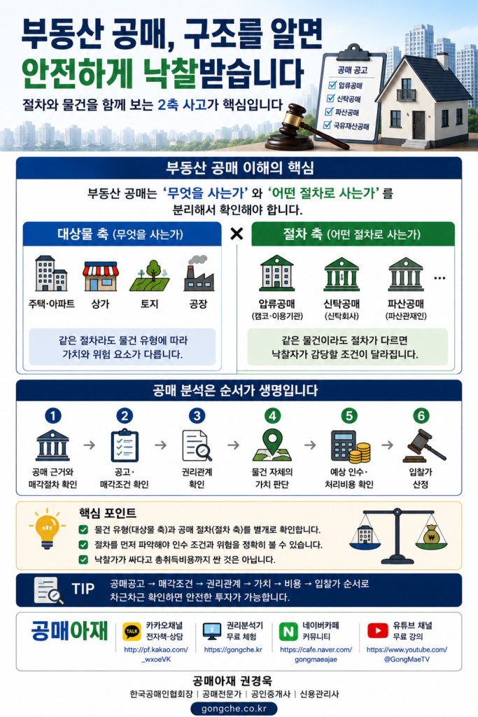 부동산공매 물건 분석 순서를 정리한 세로형 인포그래픽 - 공매 절차 확인, 매각조건 확인, 권리관계 확인, 물건가치 판단, 인수·처리비용 확인, 입찰가 산정까지 6단계