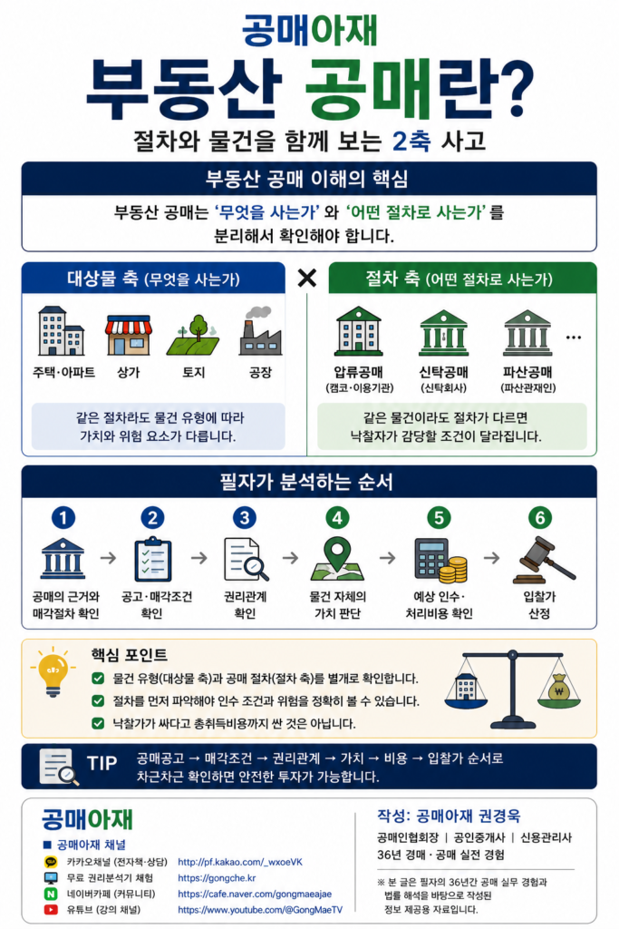 부동산공매를 이해할 때 대상물 축(무엇을 사는가)과 절차 축(어떤 절차로 사는가)을 분리해서 봐야 한다는 개념을 설명하는 세로형 인포그래픽
