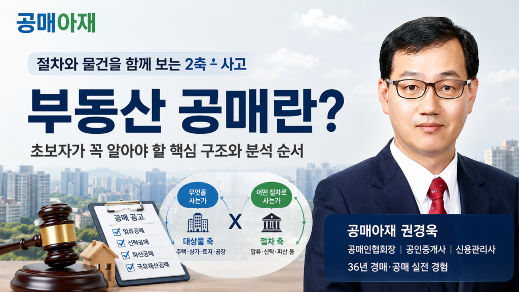 부동산공매의 대상물 축(주택·상가·토지·공장)과 절차 축(압류공매·신탁공매·파산공매)이 교차하는 2축 구조를 보여주는 인포그래픽
