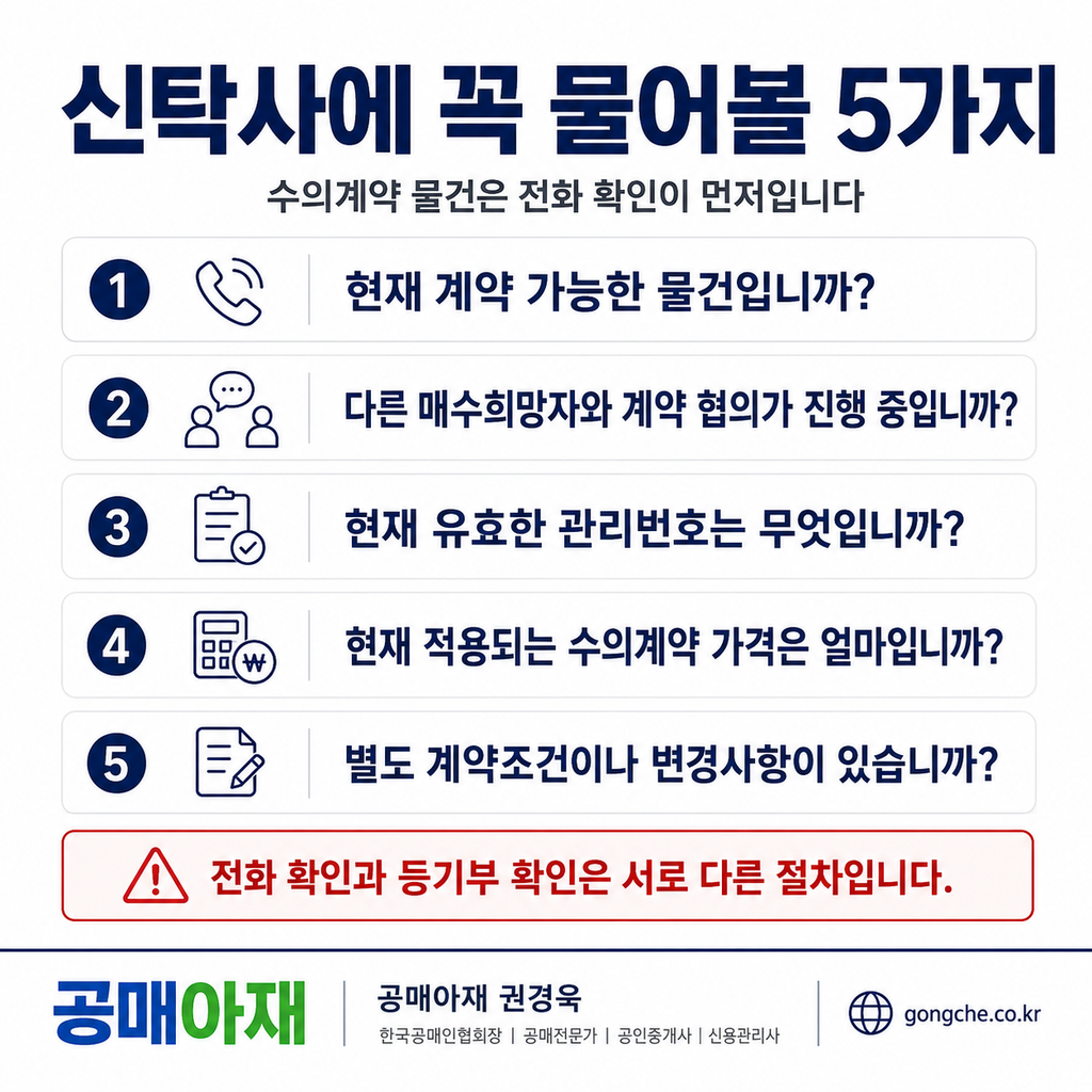 신탁공매 수의계약 물건에 대해 신탁사에 전화할 때 꼭 물어봐야 할 5가지 질문을 정리한 체크리스트 이미지