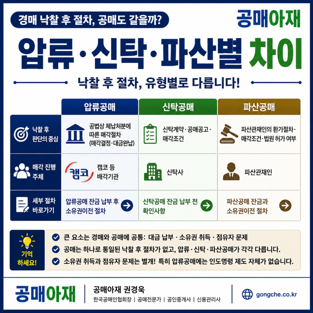 압류공매 신탁공매 파산공매의 낙찰 후 절차와 매각 진행 주체 비교