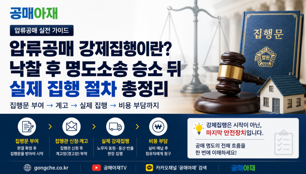 압류공매 낙찰 후 명도소송에서 승소했음에도 점유자가 퇴거하지 않을 때 진행되는 강제집행 절차를 설명하는 대표 이미지. 집행문 부여, 집행관 계고, 실제 강제집행, 비용 부담 과정을 안내합니다.