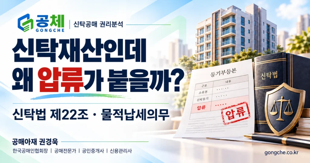 공체 로고와 신탁재산 압류등기, 신탁법 제22조·물적납세의무를 설명하는 가로형 대표이미지