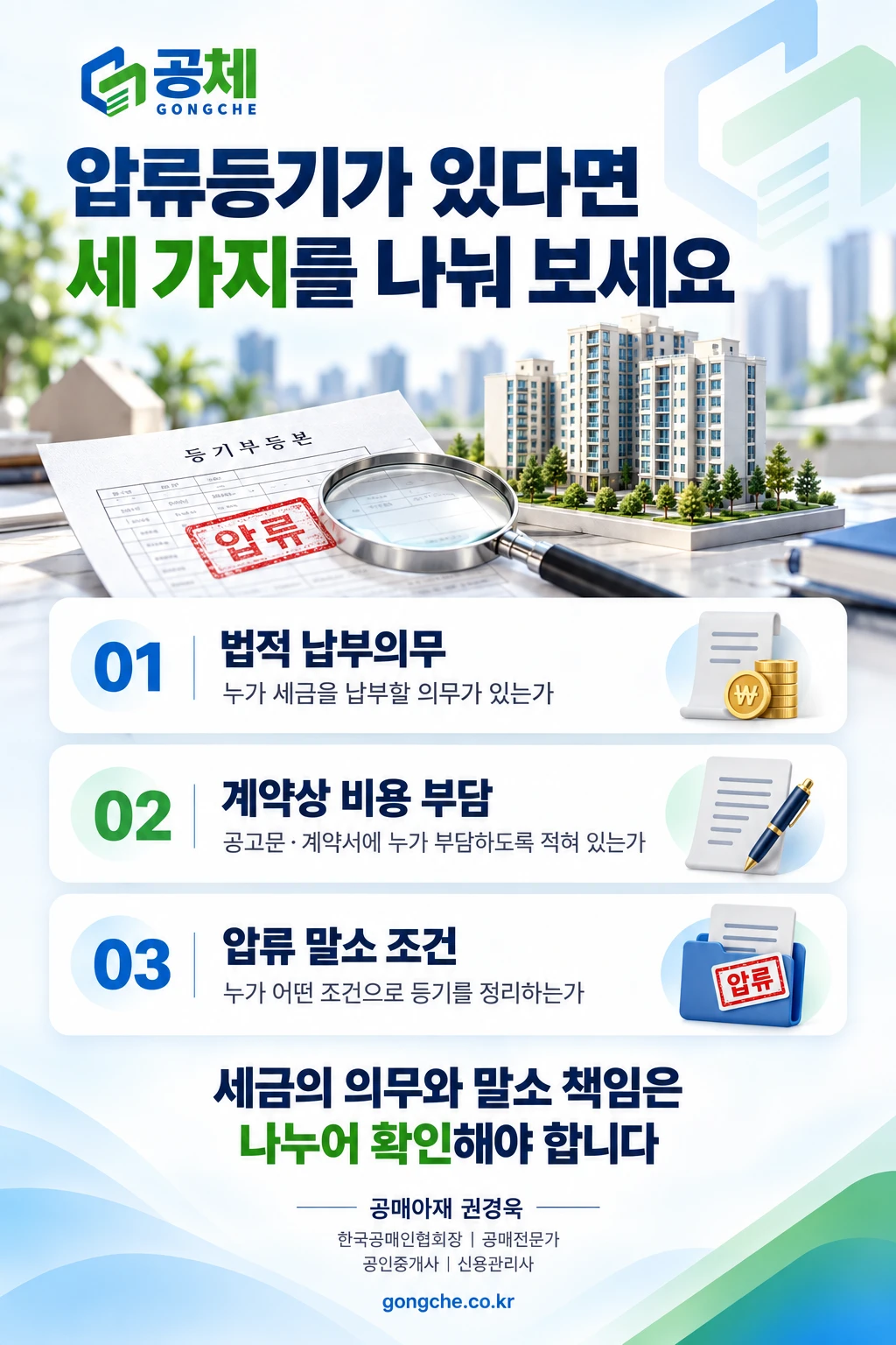 압류등기 확인 시 법적 납부의무, 계약상 비용 부담, 압류 말소 조건을 구분하는 세로형 안내 이미지